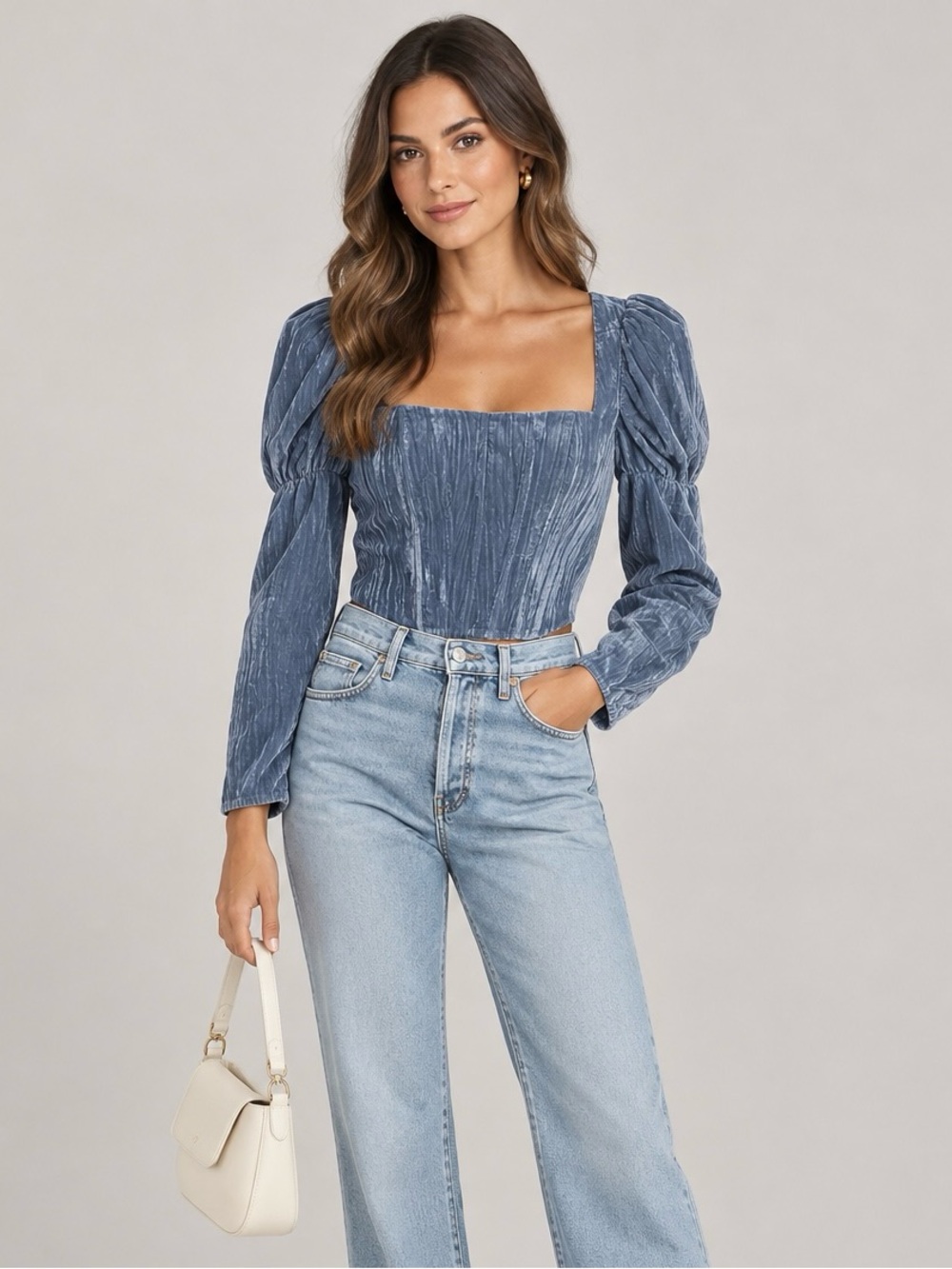 WAYF Slate Blue Crushed Velvet Bustier Cropped Top Women’s XS Bridgerton Girly